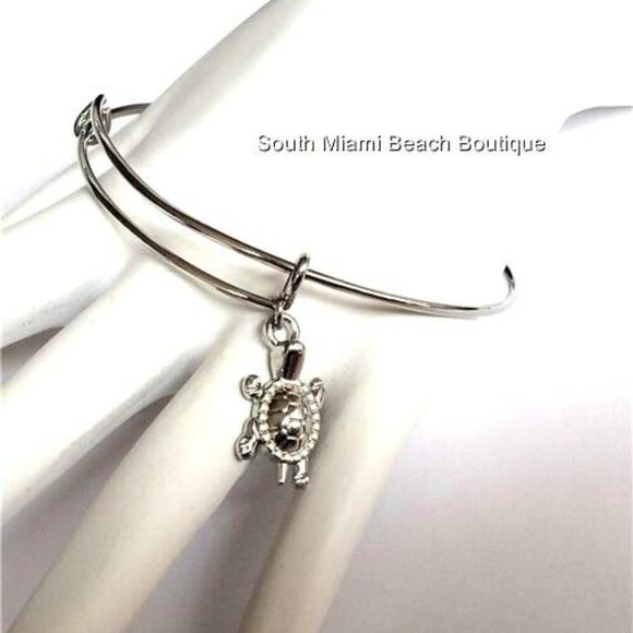 Turtle Charm Bracelet Silver Plated Beach Island Wire Nautical Island Sea Life - Picture 5 of 10